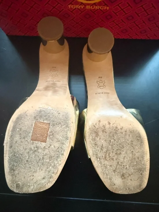 Tory Burch Metallic Gold Logo Slide Heels - Picture 3 of 4